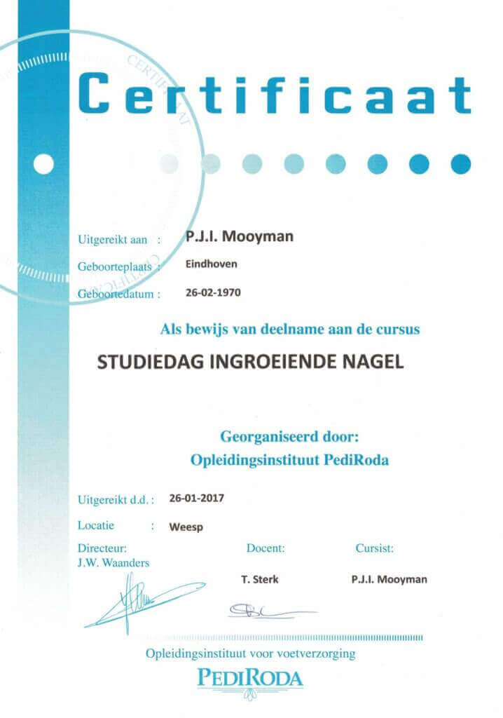 certificaat ingegroeide nagel pedicure Nederhorst den berg voetzorg Wijdemeren